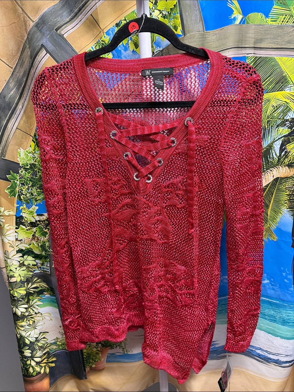 INC International Concepts Burgundy Lace-Up Open Knit Sweater Asymmetrical NWT